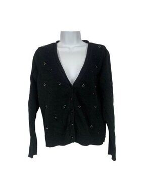 Elle Black Beaded Button-Up Cardigan Sweater - Size L